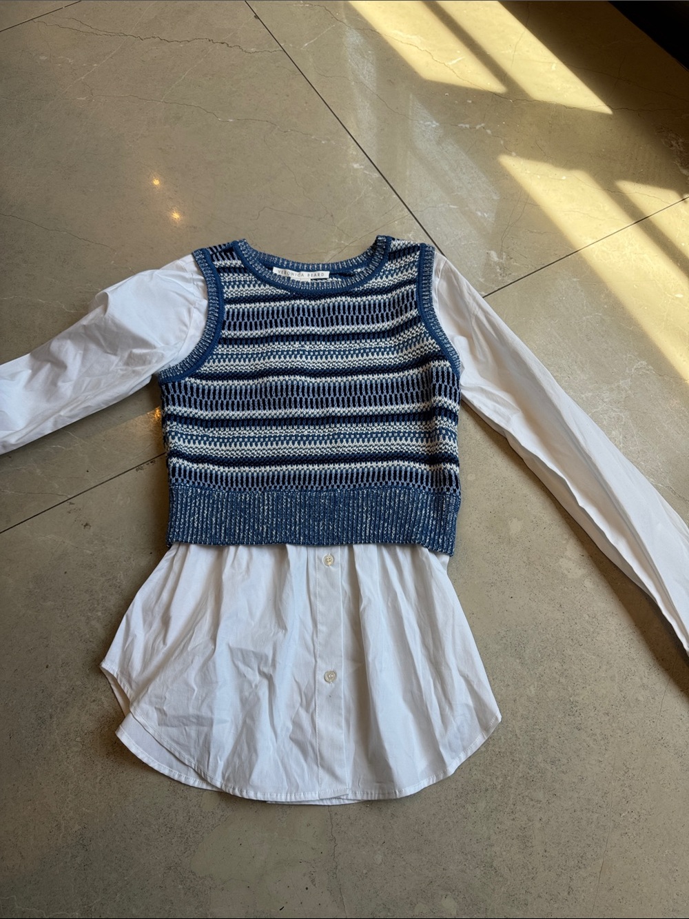Veronica Beard Blue & White Striped Knit Vest Over Shirt - Kids